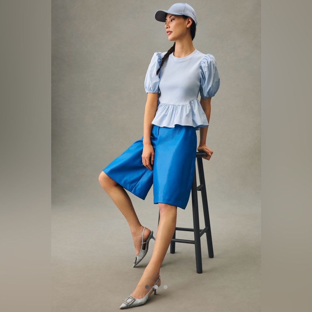 English Factory Puff-Sleeve Peplum Top, Size M